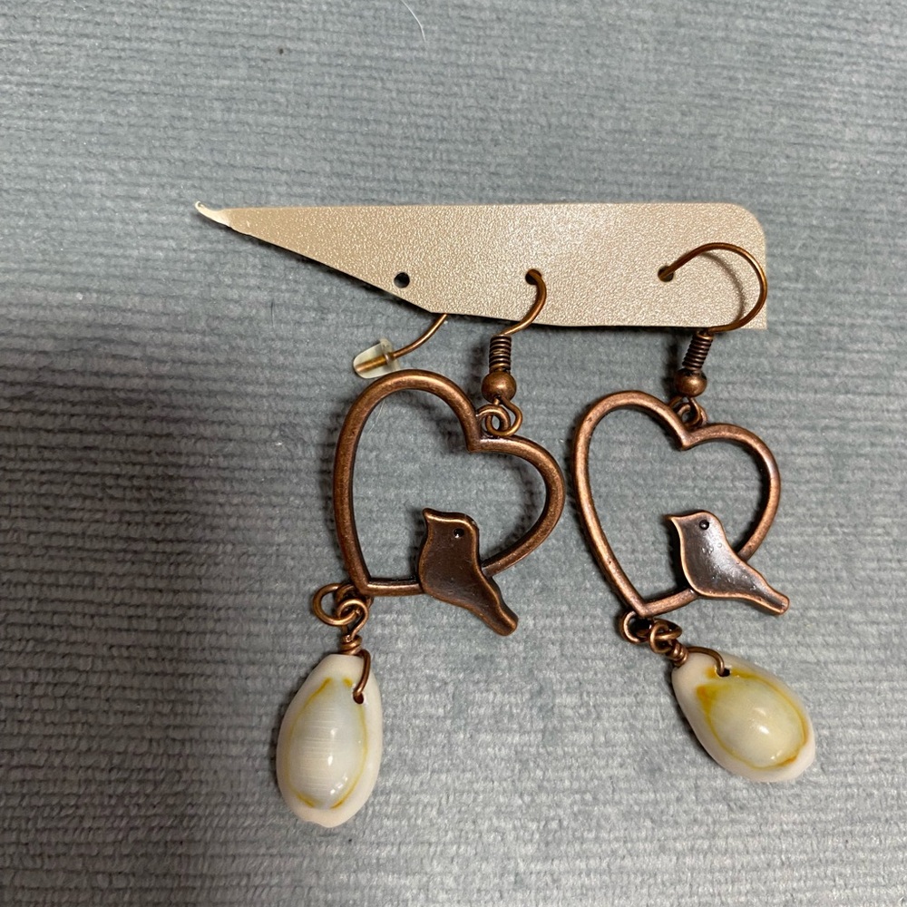 Heart Shaped Bird Earrings with Natural Shell Accents copper new, boho, 2.5”L